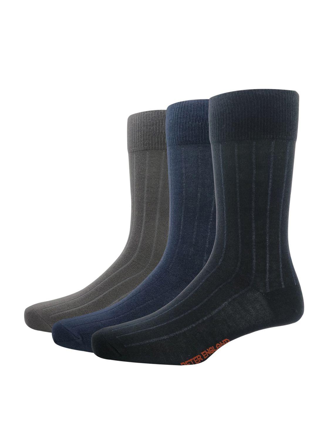 peter england men pack of 3 grey & blue solid calf-length socks