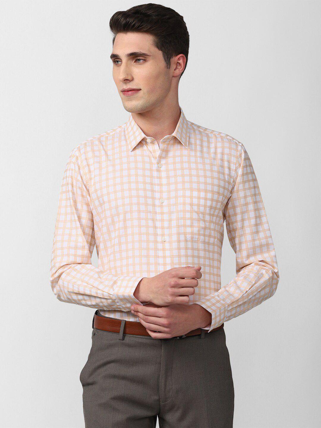 peter england men peach-coloured slim fit checked formal shirt