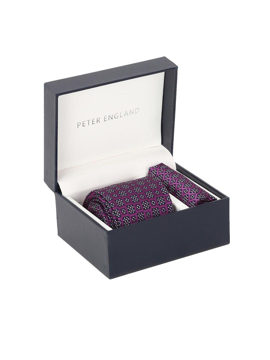 peter england men purple & white self-design accessory gift set