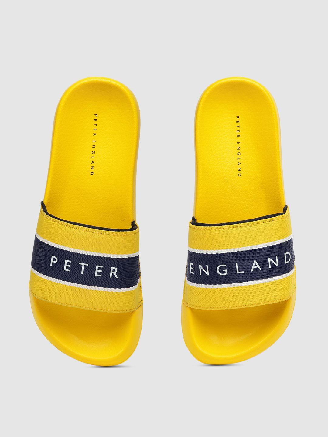 peter england men yellow printed sliders
