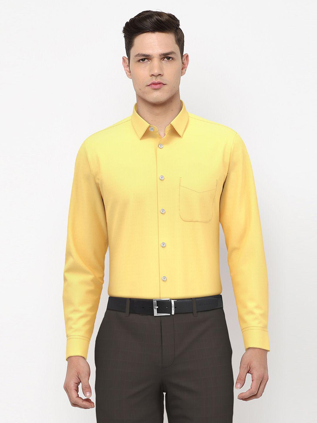 peter england men yellow slim fit cotton formal shirt