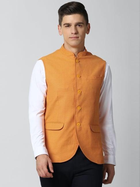 peter england mustard regular fit self pattern nehru jacket