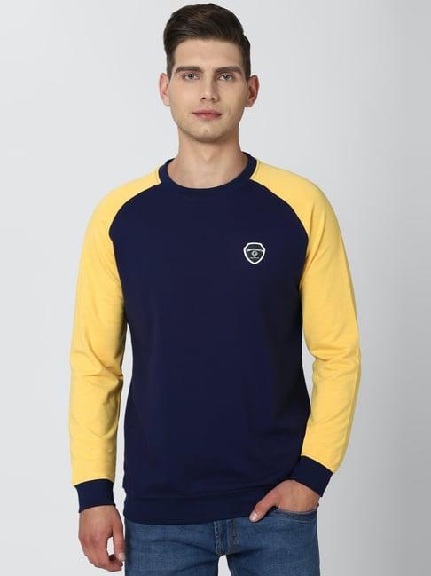 peter england navy & yellow slim fit colour block sweatshirt