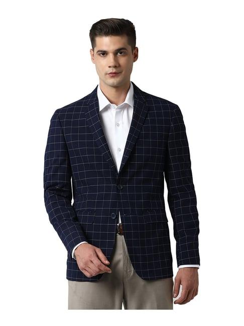 peter england navy check full sleeves notched lapel blazer