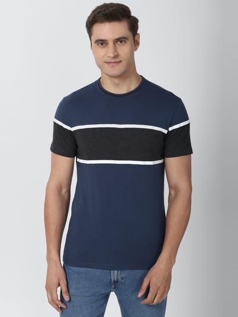 peter england navy cotton slim fit striped t-shirt