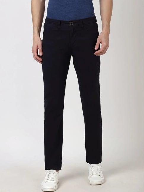 peter england navy cotton slim fit trousers