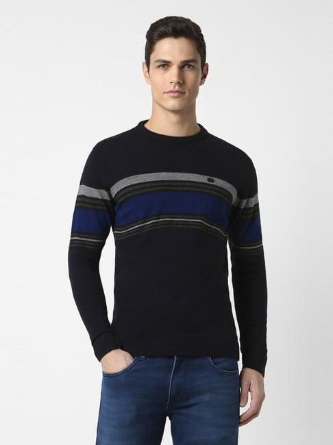 peter england navy regular fit striped sweater