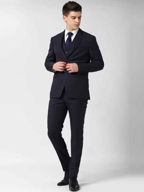 peter england navy slim fit checks three piece suit