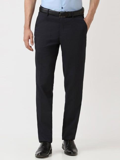 peter england navy slim fit checks trousers