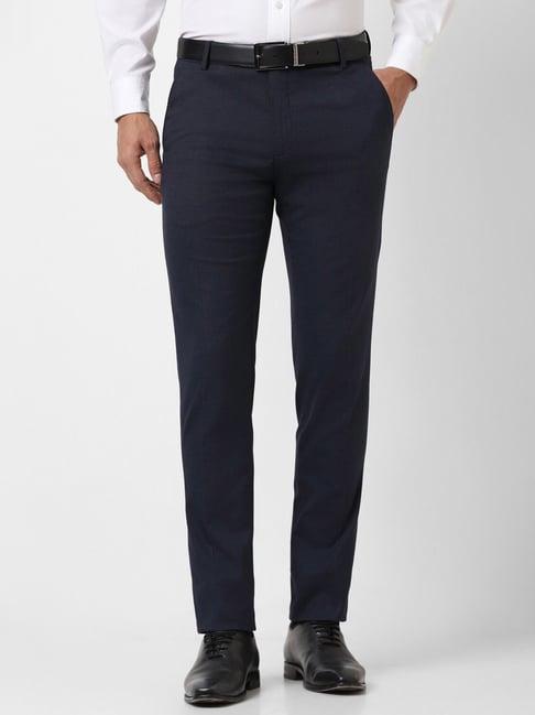 peter england navy slim fit checks trousers