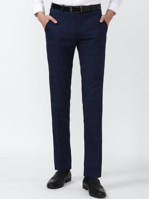 peter england navy slim fit checks trousers