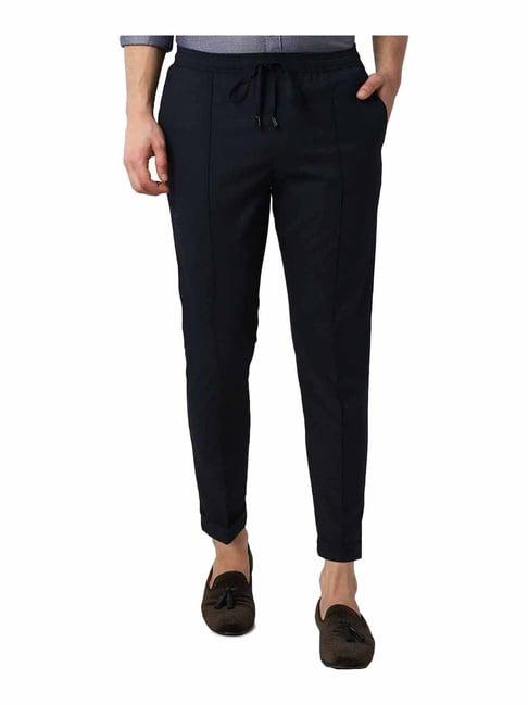 peter england navy slim fit elasticated trousers