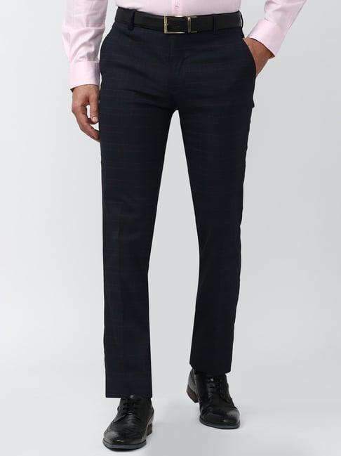 peter england navy slim fit flat front trousers