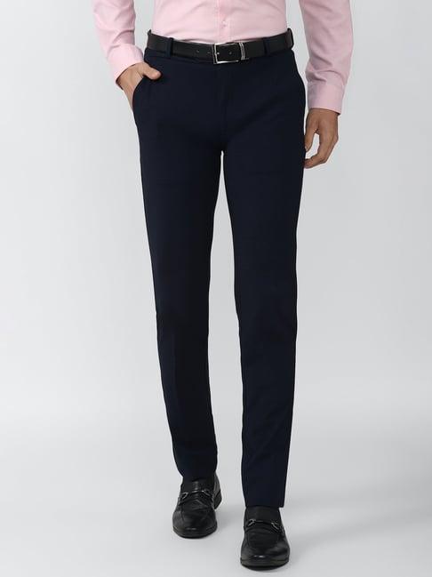 peter england navy slim fit flat front trousers