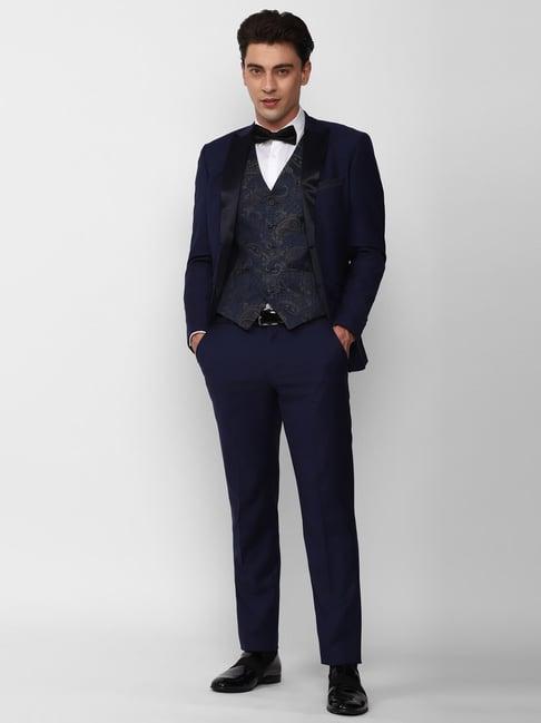 peter england navy slim fit peak lapel three piece suit