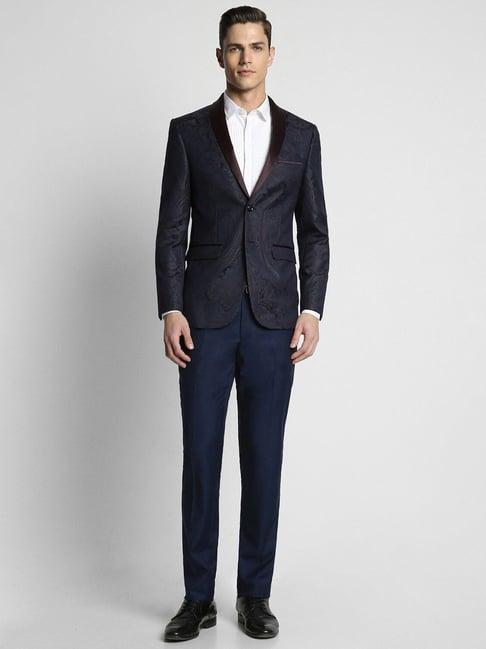 peter england navy slim fit printed two piece suit