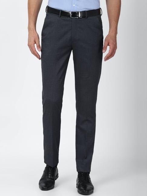 peter england navy slim fit self pattern flat front trousers