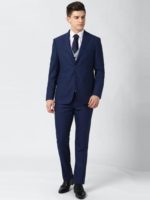 peter england navy slim fit self pattern three piece suit