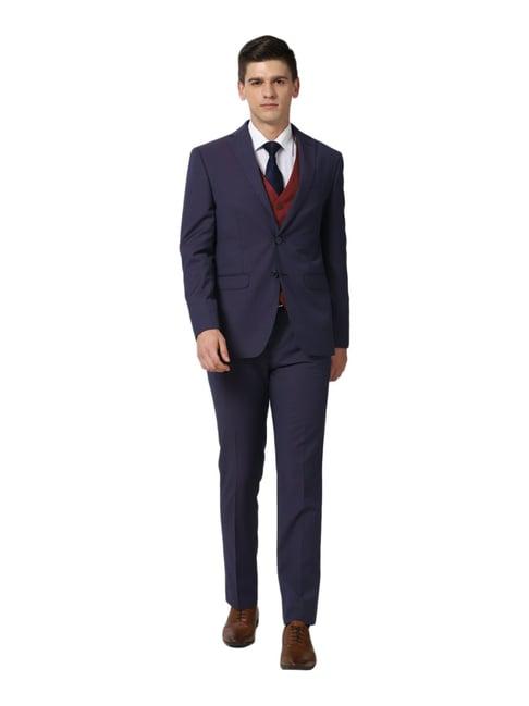 peter england navy slim fit self pattern three piece suit