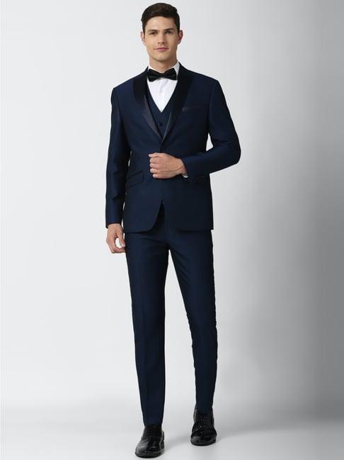 peter england navy slim fit self pattern three piece suit