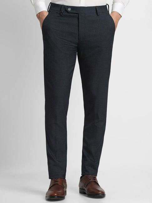 peter england navy slim fit self pattern trousers