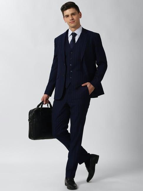 peter england navy slim fit striped two piece suit