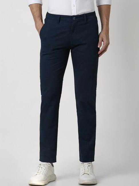 peter england navy slim fit texture trousers