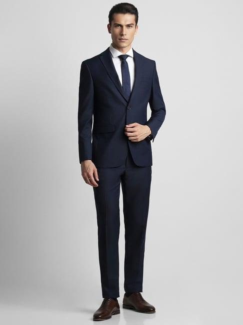 peter england navy slim fit texture two piece suit