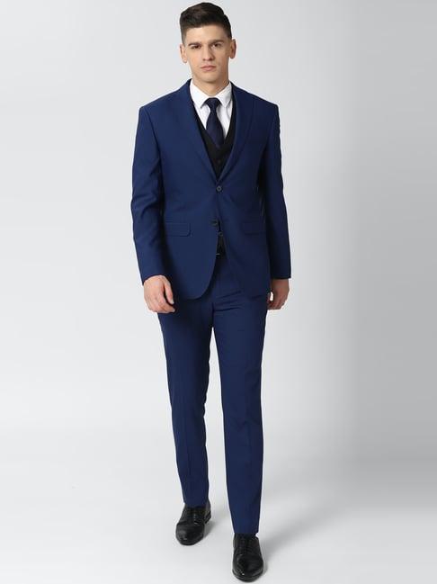 peter england navy slim fit three piece suit