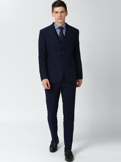peter england navy slim fit three piece suit