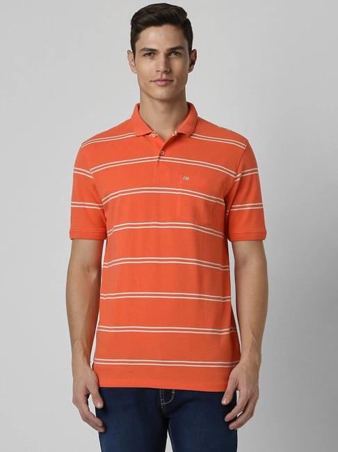 peter england orange regular fit striped polo t-shirt