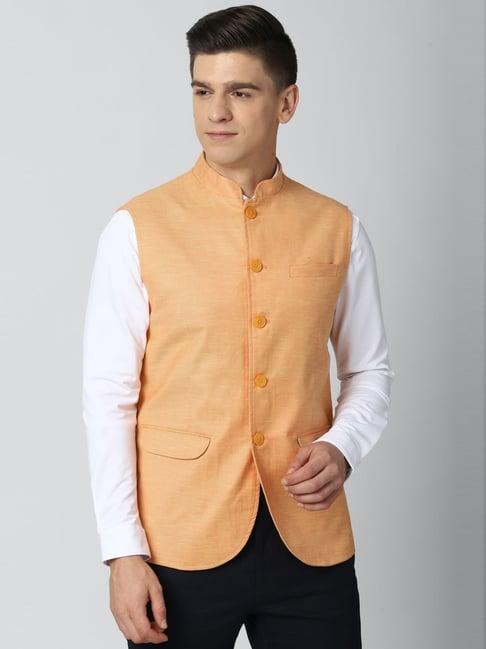 peter england peach regular fit self pattern nehru jacket