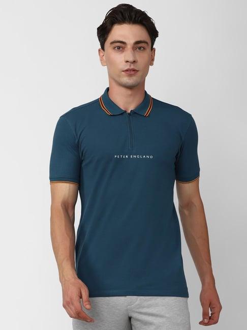 peter england perform blue slim fit printed polo t-shirt