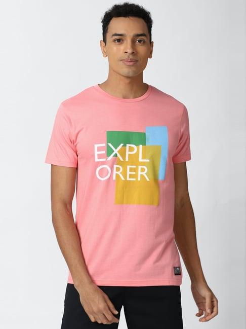 peter england pink cotton slim fit printed t-shirt