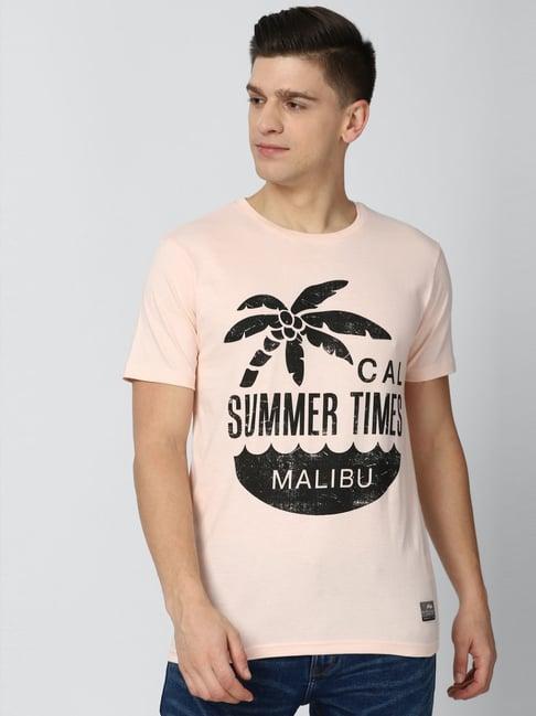 peter england pink cotton slim fit printed t-shirt