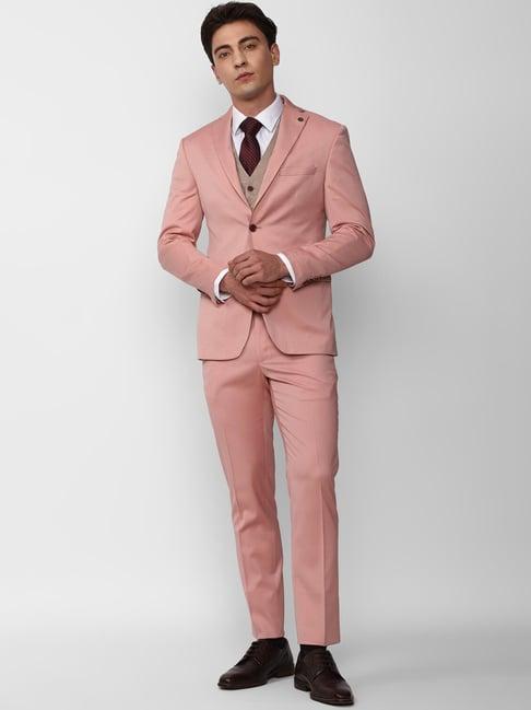 peter england pink slim fit notch lapel three piece suit