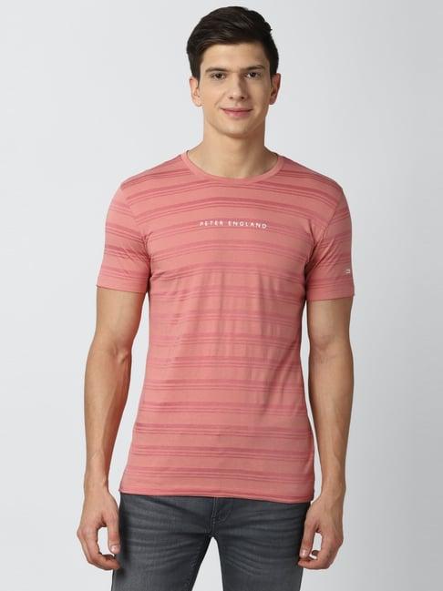 peter england pink slim fit striped t-shirt