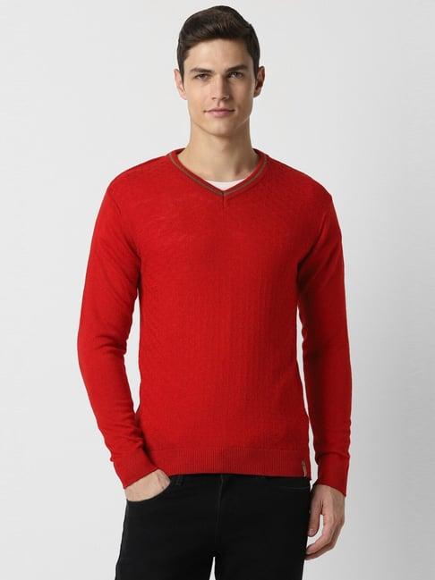 peter england red regular fit textured sweater