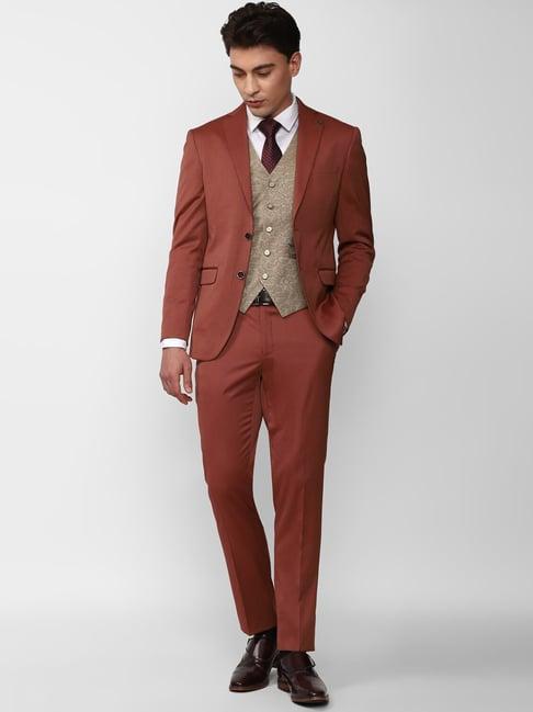 peter england rust slim fit notch lapel three piece suit