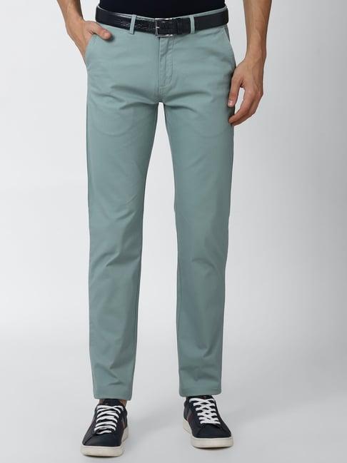 peter england teal slim fit flat front trousers