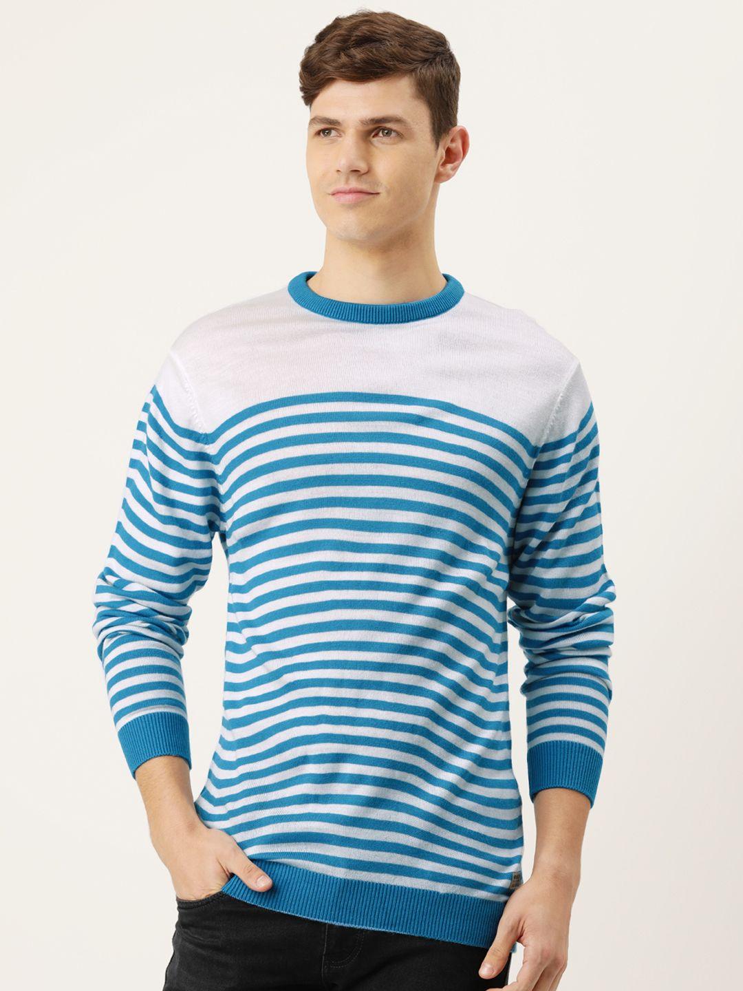 peter england university men blue & white striped pure acrylic pullover sweater