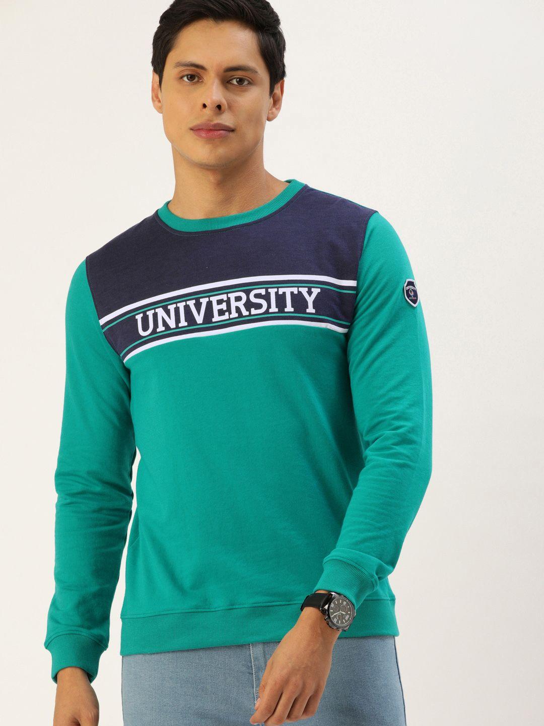 peter england university men green & navy blue colourblocked & printed detail sweatshirt