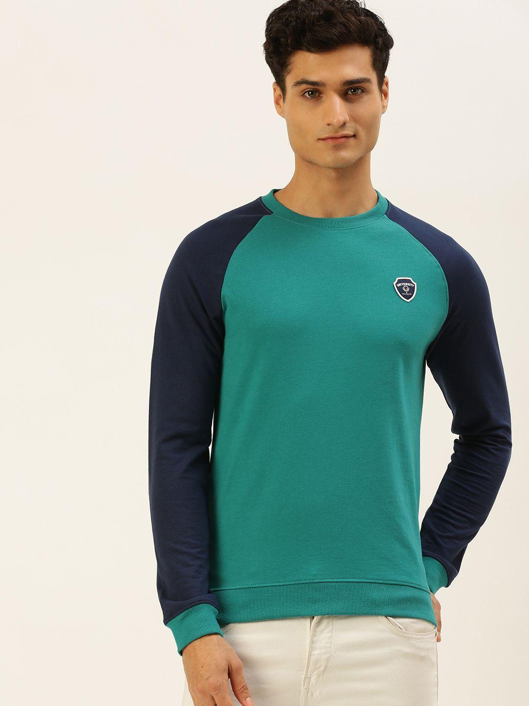 peter england university men green colourblocked sweatshirt