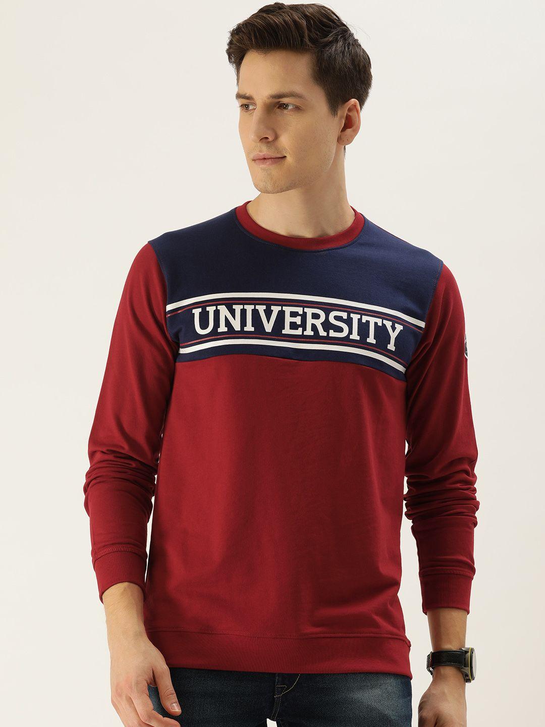 peter england university men maroon &navy blue colourblocked sweatshirt