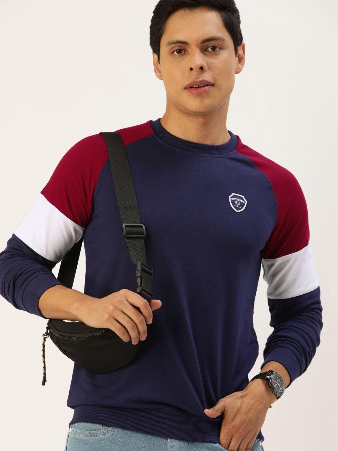 peter england university men navy blue & maroon sweatshirt