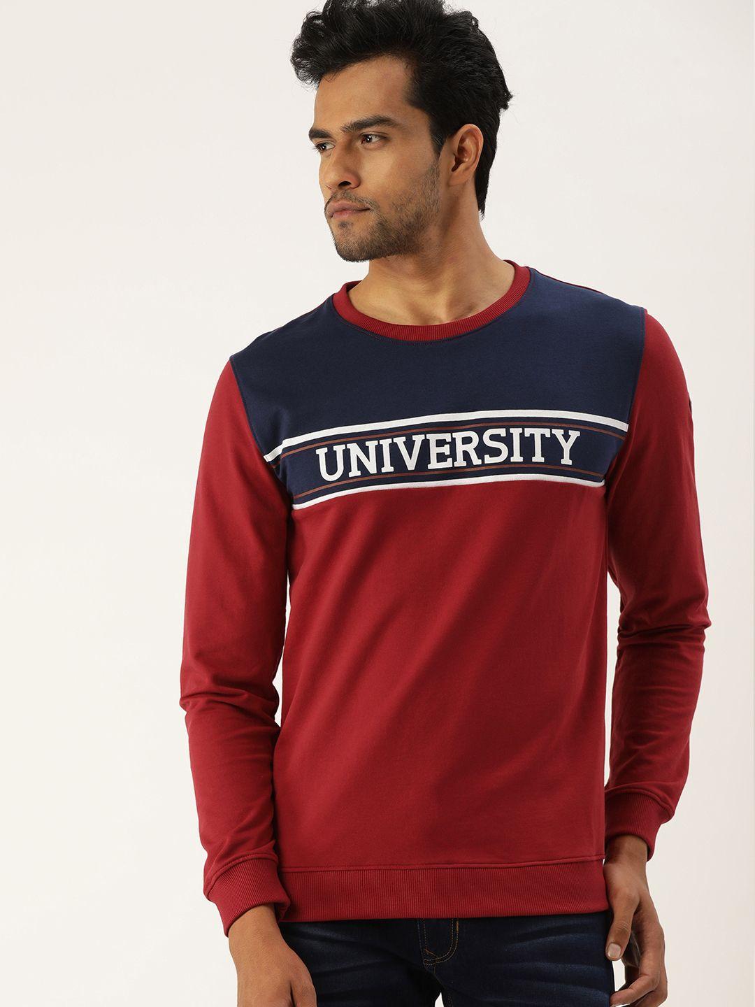 peter england university men red super slim fit printed sweatshirt