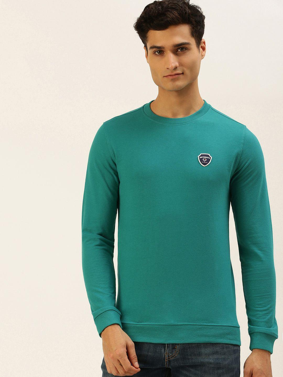 peter england university men teal green solid brand logo applique slim fit sweatshirt