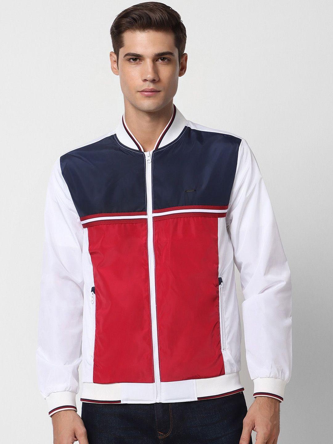 peter england university men white colourblocked crop open front jacket