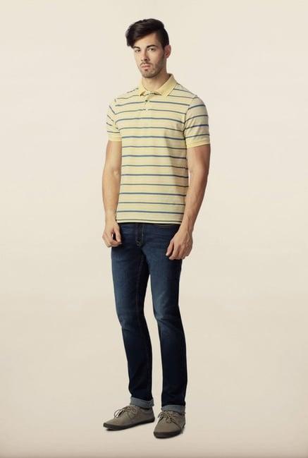 peter england yellow & blue striped polo t-shirt