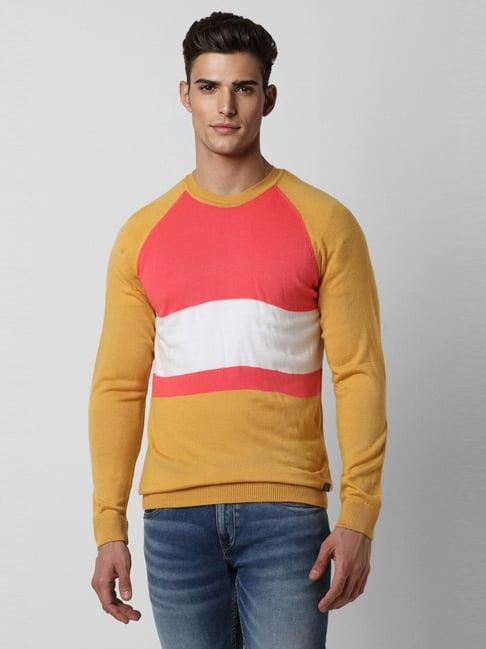 peter england yellow cotton regular fit colour block sweater